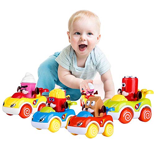 Book Cover LUKAT Infants Car Toys for 1-2 Year Old Baby Boys and Girls, Friction Powered Push and Go Cartoon Toys Cars 4 Sets for Toddlers