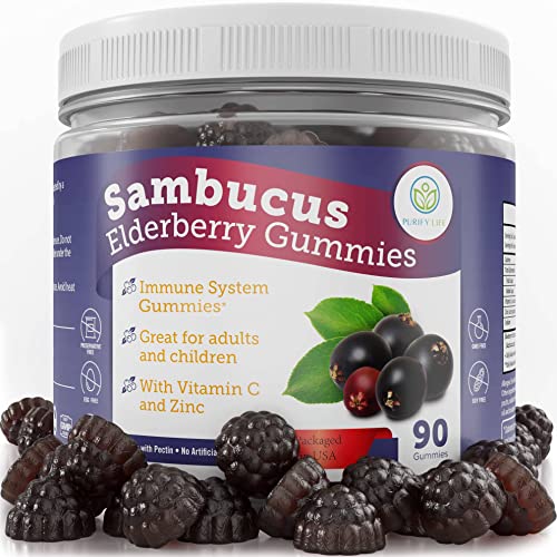 Book Cover Elderberry Gummies for Kids and Adults - 260mg Sambucus Zinc and Vitamin C (90 Gummies) Immune System Support - Allergy Cold Support - Chewable Supplement - No Capsules, Pills, Tablets or Syrup