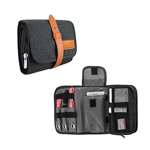 Book Cover ProCase Travel Gadgets Organizer Bag, Universal Electronic Accessories Cable Roll-Up Pouch Portable Gear Storage Carrying Cover for Cords SD Memory Cards Earphone Hard Drive –Black