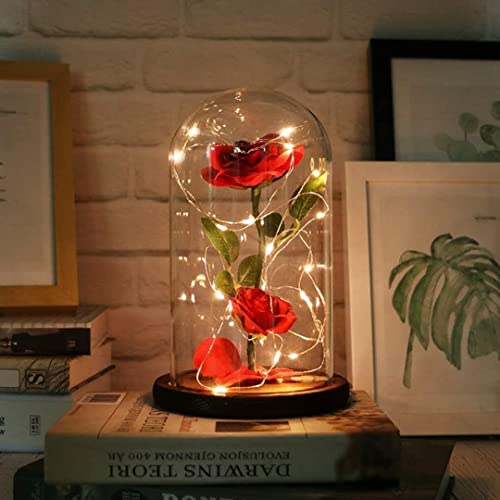 Book Cover URBANSEASONS Beauty and The Beast Rose ,Rose Kit, Red Silk Rose and Led Light with Fallen Petals in Glass Dome on Wooden Base Valentine's Day Anniversary Birthday