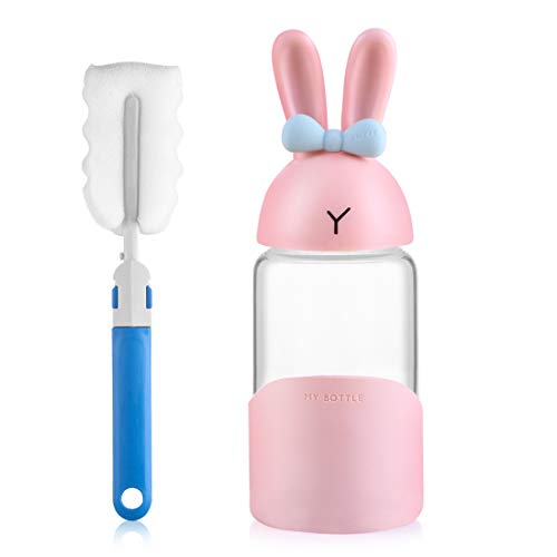 Book Cover Cute Bunny Water Bottle ONEISALL Cute Glass Travel Mug Water Bottle for Kids (Pink-340ML)