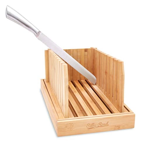 Book Cover Bamboo Bread Slicer PLUS Stainless Steel Bread Knife by Silky Road - Built-in Knife Rest and Crumb Tray - Fully Adjustable Loaf Width - 3 Thickness Guide Sizes - Foldable Compact Cutter