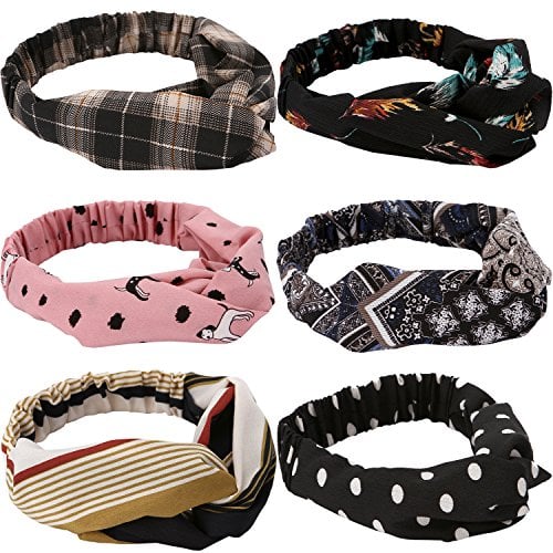 Book Cover Jipie 6-Pack of Assorted Elastic Twist Headbands Fashion Chiffon and Cotton Fabric Head Wrap Bandeau Hair Ribbon for Women and Girls