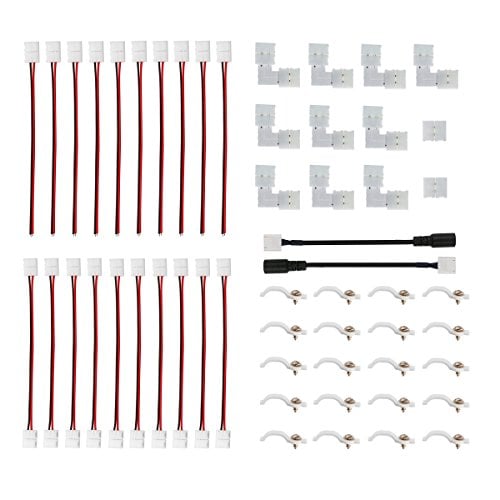 Book Cover 3528 2 Pin LED Strip Connector Kit - 8mm LED Connector Kit Includes 10x LED Strip Light Connector Pigtail, 10x Jumper Connector, 10x L Shape Connectors, 2X DC Connector, 2X Gapless Connectors, Clips