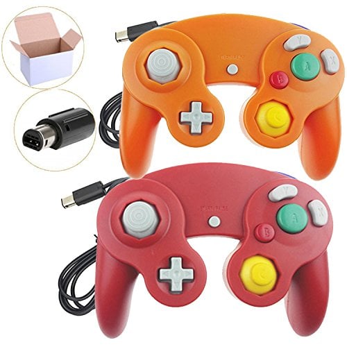 Book Cover Poulep 2 Pack Classic Wired Gamepad Joystick Controllers for Wii Game Cube Gamecube (Orange1 and Red1)