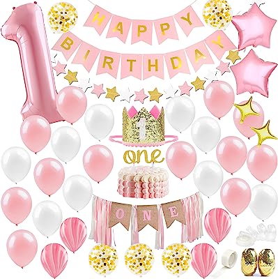 Book Cover Baby Girl First Birthday Decorations - 1st Birthday Girl Decorations Pink and Gold Party Supplies - Happy First Birthday Banner, Number 1, Heart and Confetti Balloons, Premium ONE Cake Topper