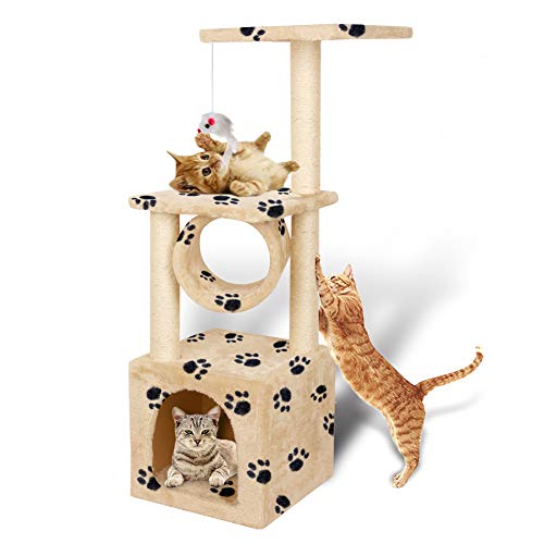 Book Cover Yohoz ðŸ±36in Deluxe Faux Fur Level Cat Tree Condo Furniture Climbing Activity Tower Scratching Scratcher Post Kittens Pet Play House and Tunnel Play Toy (Paw)