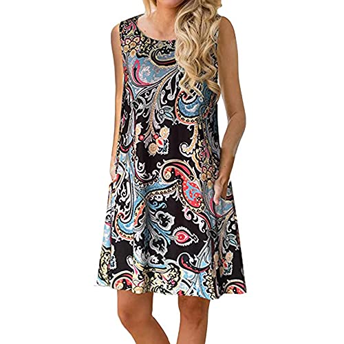 Book Cover ETCYY Women's Summer Casual Sleeveless Floral Printed Swing Dress Sundress with Pockets