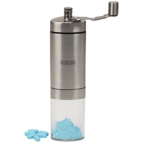 Book Cover Pill Crusher and Grinder - Crush Multiple Tablets and Vitamins to a Fine Powder - Stainless Steel Shaft with Clear Plastic Collection Cup - Folding Handle and Ceramic Burr by Kraftura
