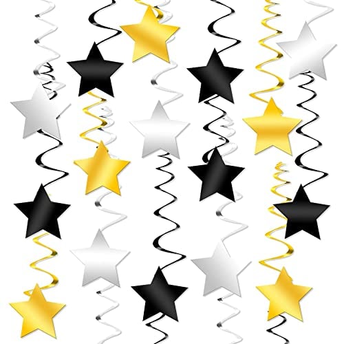 Book Cover Gold Star Hanging Graduation Decorations 2021 - Big Pack of 30 Black, Silver and Gold Star Hanging Swirls | Hollywood Party Decorations | Retirement Decorations for Party Prom Decorations Car Parade