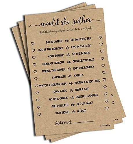 Book Cover Would She Rather Game - Kraft (50-Sheets) Rustic Bridal Wedding Shower or Bachelorette Party Game, Printed Engagement Rehearsal (Large Size Sheets)