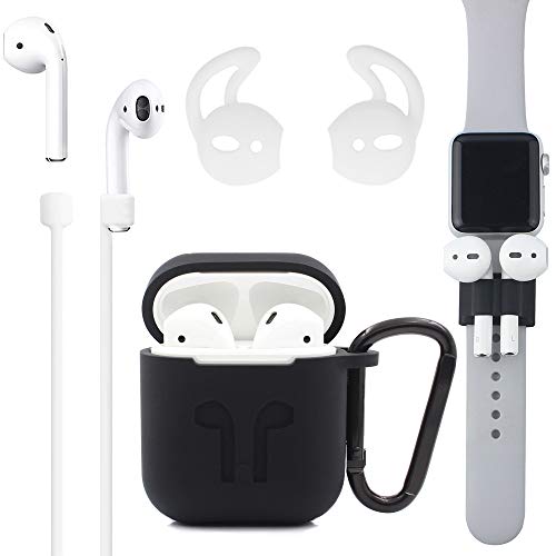 Book Cover AirPods Case, Accessories Set/AirPods Ear Hook/AirPods Watch Band Holder/Keychain/AirPods Strap/Silicone Cover/Best Kit XORDING for Apple AirPods 1 or AirPods 2 Charging (Black Kit)