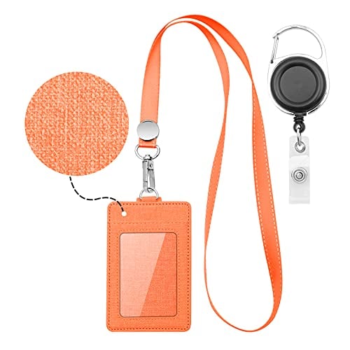 Book Cover Life-Mate Badge Holder - Leather ID Badge Card Holder Wallet Case with 3 Cards Slot and Neck Lanyard/Strap. Additional Retractable Badge Reel with Belt Clip (Orange, Linen Finish)