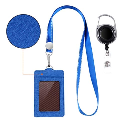 Book Cover Life-Mate Badge Holder - Leather ID Badge Card Holder Wallet Case with 3 Cards Slot and Neck Lanyard/Strap. Additional Retractable Badge Reel with Belt Clip (Blue, Linen Finish)
