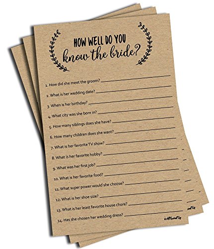 Book Cover How Well Do You Know The Bride - Kraft (50-Sheets) Rustic Bridal Wedding Shower or Bachelorette Party Game, Who Knows The Bride Best Couples Guessing Question Pack Engagement (Large Sheet Size)