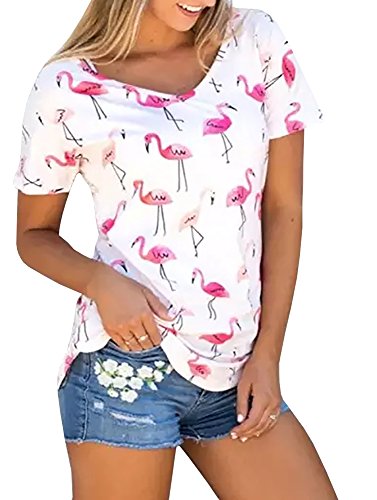 Book Cover Karuina Womens Short Sleeve Shirts Casual Summer Tops Flamingos Printed Tees Blouse, White (M)