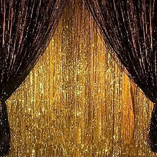 Book Cover 2PCS 3' X 8' Black and Gold Metallic Tinsel Foil Fringe Curtain Backdrop for 2023 New Years Eve, Halloween Party, Graduation Decoration