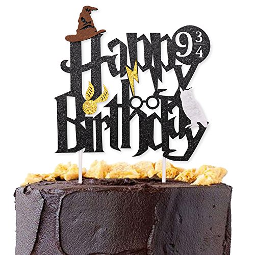 Book Cover Levfla Double Sided Glitter Black Wizard Happy Birthday Cake Topper Wizard Party Supplies