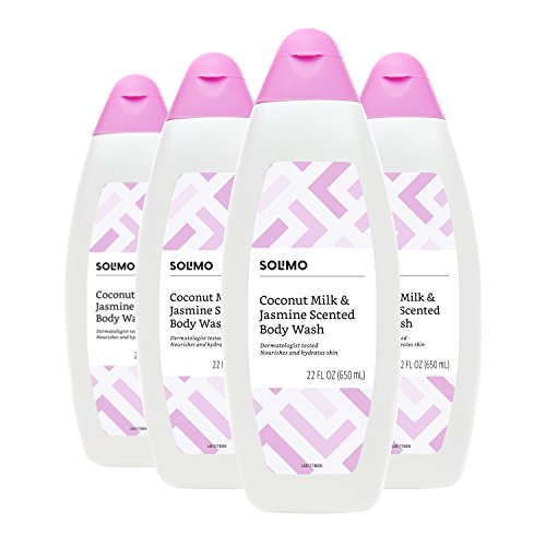 Book Cover Amazon Brand - Solimo Body Wash, Coconut Milk and Jasmine Scented, 22 Fluid Ounce (Pack of 4)