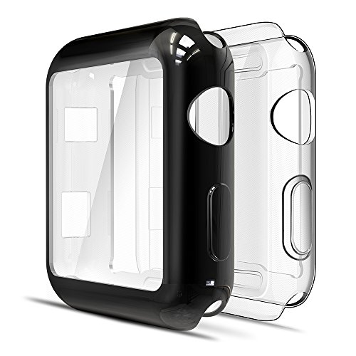 Book Cover [2 Packs] Simpeak Screen Protector Cover Case for Apple Watch 42mm, All Around Soft TPU Clear Touch Screen Protector Bumper Cover Case for 42mm Apple Watch Series 2,Series 3, Clear + Plated Black