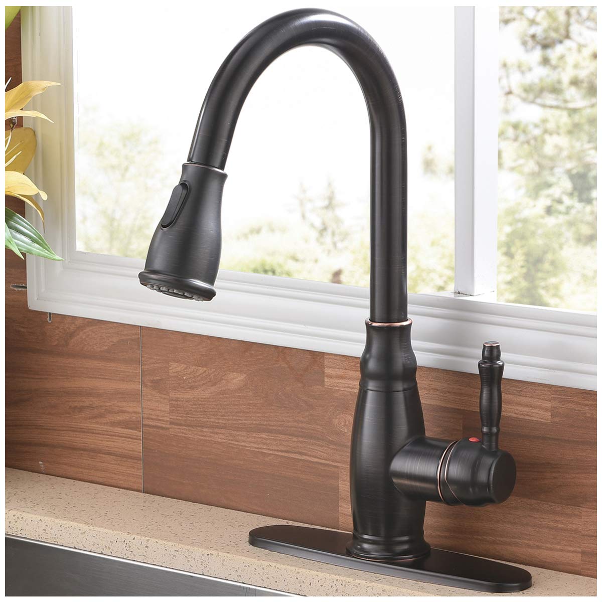 Book Cover SHACO Antique Single Handle Pull Down Sprayer Oil Rubbed Bronze Kitchen Faucet, Farmhouse Kitchen Faucet Bronze with Deck Plate, Kitchen Faucets for Sink 3 Hole or Single Hole
