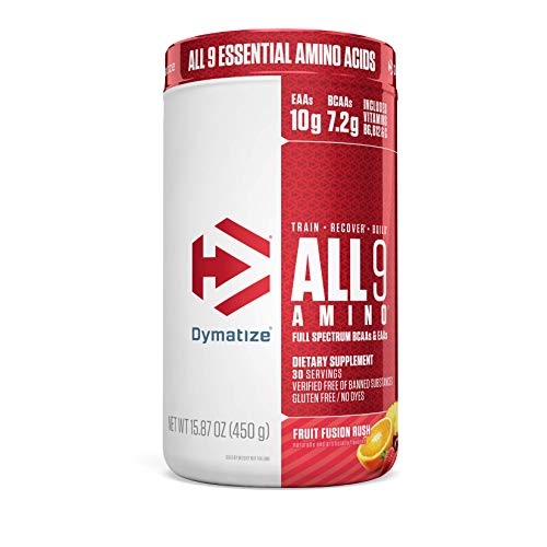 Book Cover Dymatize All9 Amino, 7.2g of BCAAs, 10g of Full Spectrum Essential Amino Acids Per Serving for Recovery and Muscle Protein Synthesis, Fruit Fusion Rush, 30 Servings, 15.87 Ounce