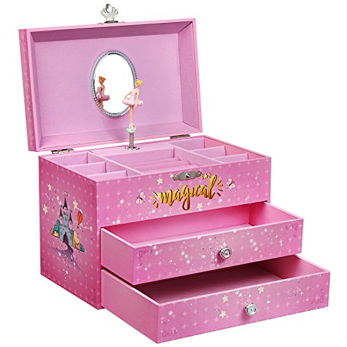Book Cover SONGMICS Large Ballerina Musical Jewelry Box, Unicorn for Little Girls, Music Storage Box with 2 Pullout Drawers UJMC007PK