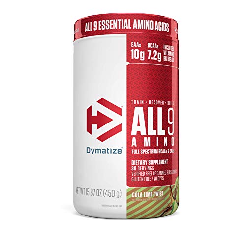 Book Cover Dymatize All9 Amino, 7.2g of BCAAs, 10g of Full Spectrum Essential Amino Acids Per Serving for Recovery and Optimal Muscle Protein Synthesis, Cola Lime Twist, 30 Servings, 15.87 Ounce