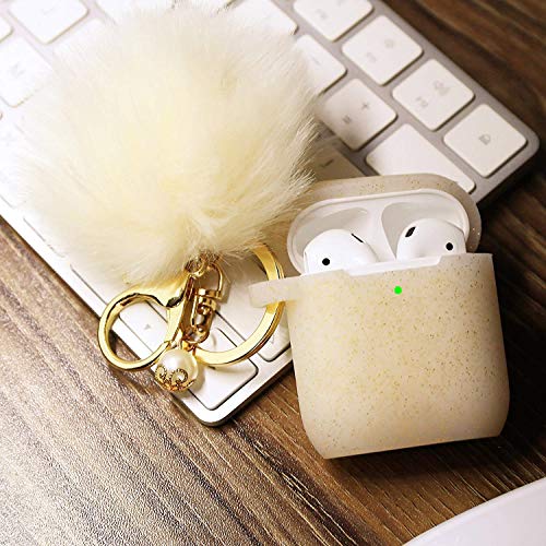 Book Cover Airpods Case - Filoto Airpods Silicone Glitter Cute Case Cover with Pompom/Keychain/Strap for Apple Airpods 2&1, 2019 Newest 360° Protective Air Pods Charging Case Cover (Gold)