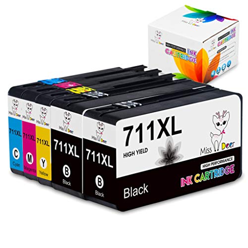 Book Cover Miss Deer 711XL 711 XL Ink Cartridge 5 Pack Ink Cartridges Replacement for Designjet T120 24 inch T520 (2 Black, 1 Cyan, 1 Magenta, 1 Yellow)