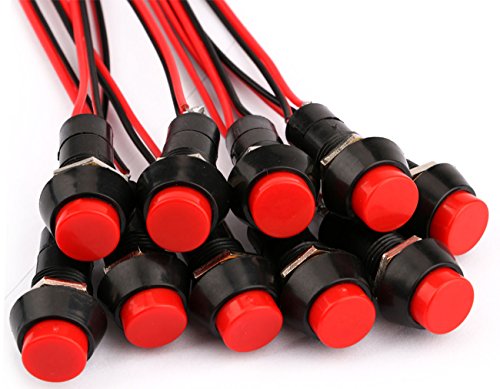 Book Cover Yeeco Round Red Cap On Off Switch 12V, 10pcs Mini Self Locking SPST Tactile On Off Push Button Switch with Lead DIY Electronics Accessories
