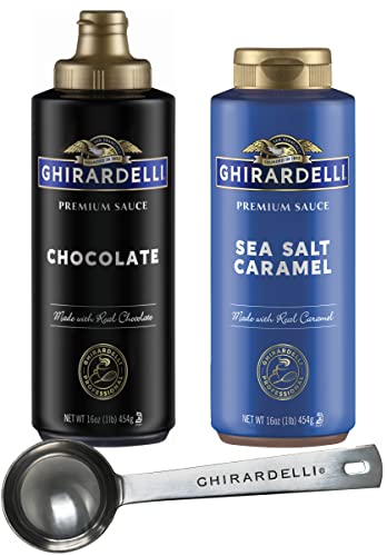 Book Cover Ghirardelli Sea Salt Caramel and Chocolate Flavored Sauce 16 oz Squeeze Bottles (Pack of 2) with Ghirardelli Stamped Barista Spoon