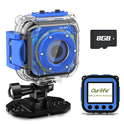 Book Cover Ourlife Kids Waterproof Camera, Kids Camera for 3-12 Year Old Boys Girls Christmas Birthday Gifts Camera for Kids Underwater Sports Camcorder Camera 1.77 Inch Screen with 8GB Card (Navy Blue)