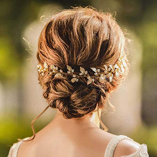Book Cover Edary Wedding Hair Vine Bridal Leaves Hair Accessories Pearl Hair Wreath for Women and Girls (Gold)