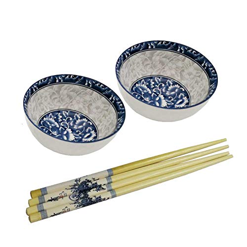 Book Cover FINECASA Blue and White Porcelain 4.5 inch Rice Bowls Small Soup Bowl Set of 2