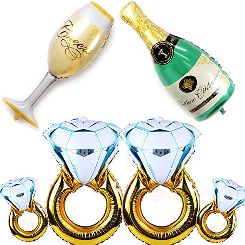 Book Cover JETTINGBUY 4 Pcs Diamond Engagement Wedding Ring Balloons + Champagne Bottle and Goblet Hydrogen Balloons, for Wedding Anniversary Engagement Party Decorations
