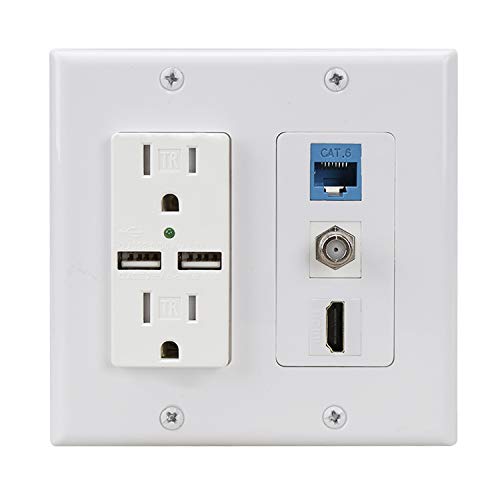 Book Cover Hdmi USB Outlet Charger Wall Plate,2 Power Outlet 15A with Dual 2.1A USB Charger Port,PHIZLI 1 HDMI HDTV + 1 CAT6 RJ45 Ethernet + Coaxial Cable TV F Type Keystone Face Plate White