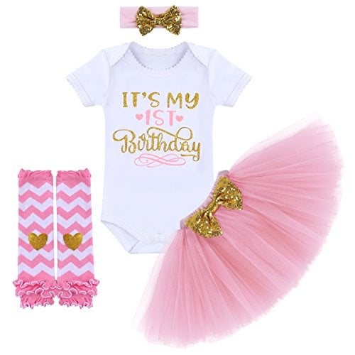Book Cover It’s My 1st Birthday Outfit Baby Girl Romper Tutu Skirt Glitter Sequin Bowknot Headband Leg Warmers Clothes 4pcs Set Cake Smash Photography Props Pink 1st Birthday 1 Year Old