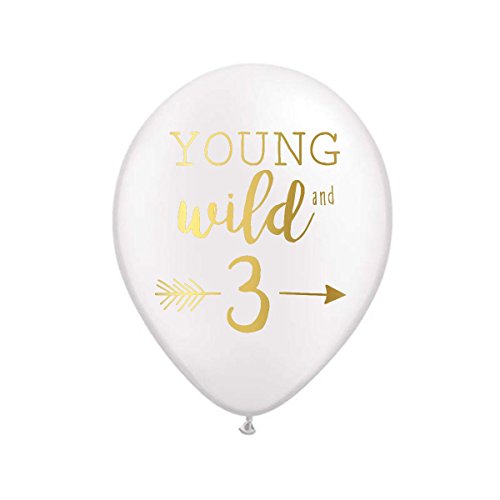 Book Cover Young Wild and Three Balloons, White Balloons with Metallic Gold Ink, Third Birthday Party Balloons, 3rd Birthday Party Balloons, 3rd Birthday Party Decor, Set of 3, Young Wild and Free