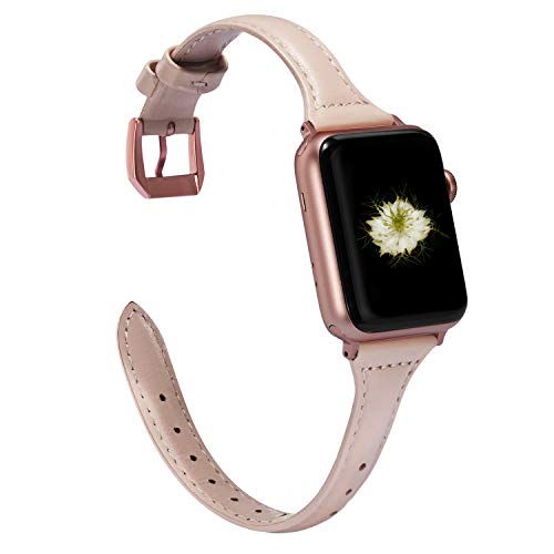 Book Cover Wearlizer Nude Pink Thin Leather Compatible with Apple Watch Band 38mm 40mm for iWatch SE Womens Slim Strap Wristband Leisure Small Replacement (Rose Gold Metal Clasp) Series 6 5 4 3 2 1 Sport