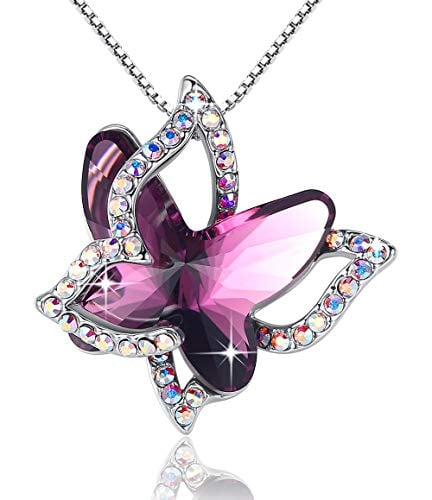 Book Cover GEMMANCE Butterfly Crystal Necklace with Premium Birthstone, Silver-Tone, 18â€+2â€ Chain pink