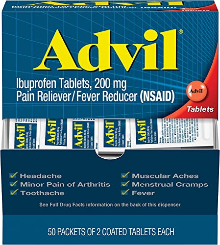 Book Cover Advil (100 Packets of 2 Capsules) Pain Reliever/Fever Reducer Coated Tablet, Individually Sealed, 200mg Ibuprofen, Temporary Pain Relief, Travel Pack, Greeting Cards Included