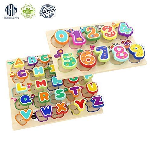 Book Cover TOP BRIGHT Educational Toys for 1 Year Old Girl Boy Gifts Wooden Alphabet Puzzles for Toddlers (Pack of 2)