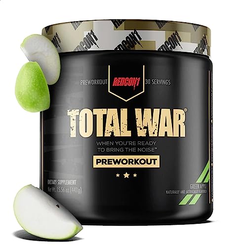 Book Cover REDCON1 Total War Pre Workout Powder, Green Apple - Fast Acting Caffeinated Preworkout for Men + Women with Beta Alanine - Contains Citrulline Malate for Increased Pump, Blood Flow (30 Servings)