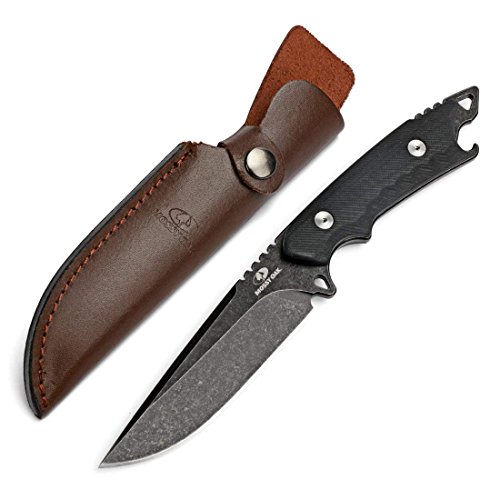 Book Cover Mossy Oak Fixed Blade Knife, Full Tang High-Grade Survival Knife, G10 Handle with Genuine Leather Sheath - Multi-Tool with Bottle Opener and Glass Breaker, for Outdoors, Camping, Hunting（Stone Wash）