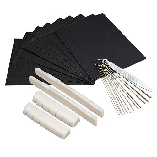 Book Cover Blisstime 2 Sets (4pcs) 6 String Acoustic Guitar Bone Bridge Saddle and Nut, Made of Real Bone with 9 Pcs Sand Paper, Stainless Steel Needle Files of 13 Sizes