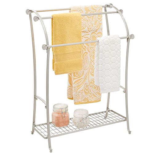 Book Cover mDesign Large Standing Metal Bathroom Towel Holder Stand with Shelf - 3-Tier Towel Rack Stand for Hanging Bath, Hand, and Fingertip Towels - Towel Stand for Bathroom - Hyde Collection - Matte Satin