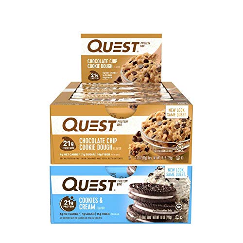 Book Cover Quest Nutrition Protein Bar Chocolate Favorites (Cookies and Cream and Chocolate Chip Cookie Dough). Low Carb Meal Replacement Bar with Over 20 gram Protein. High Fiber, Gluten-Free (24 Count)