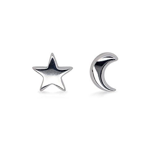 Book Cover HANFLY Tiny Moon and Star 925 Sterling Silver Stud Earring Star Earring (5mm / 8mm)