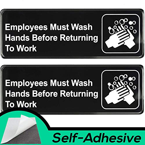 Book Cover Easy Install Employees Must Wash Hands Before Returning to Work Sign With Self-Adhesive Backing. 2 Pack Set, One Each For The Mens and Womens Restroom. Takes 30 Seconds To Post Above Bathroom Sinks